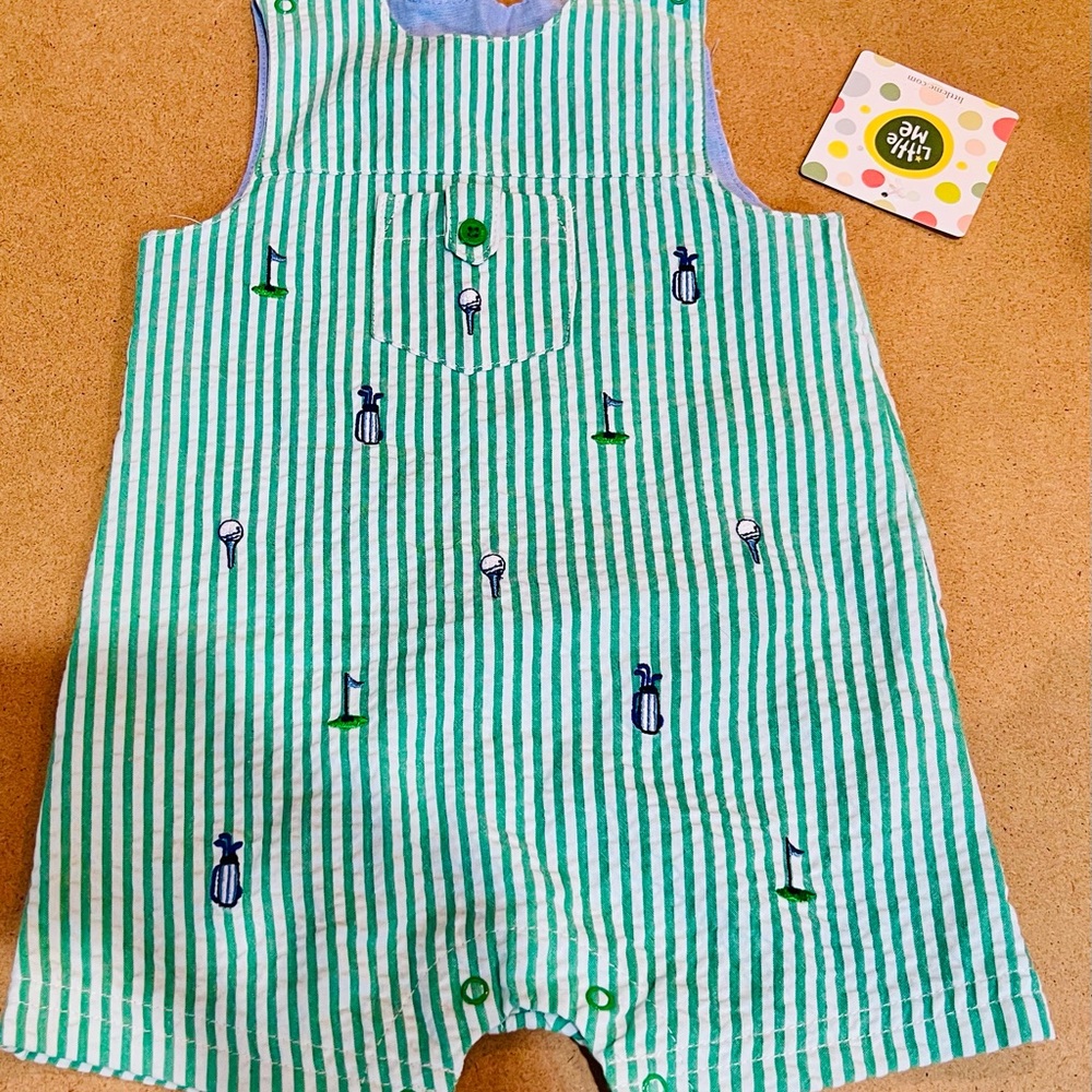Little Me Green & White Stripe Baby Romper with Golf Embroidery
